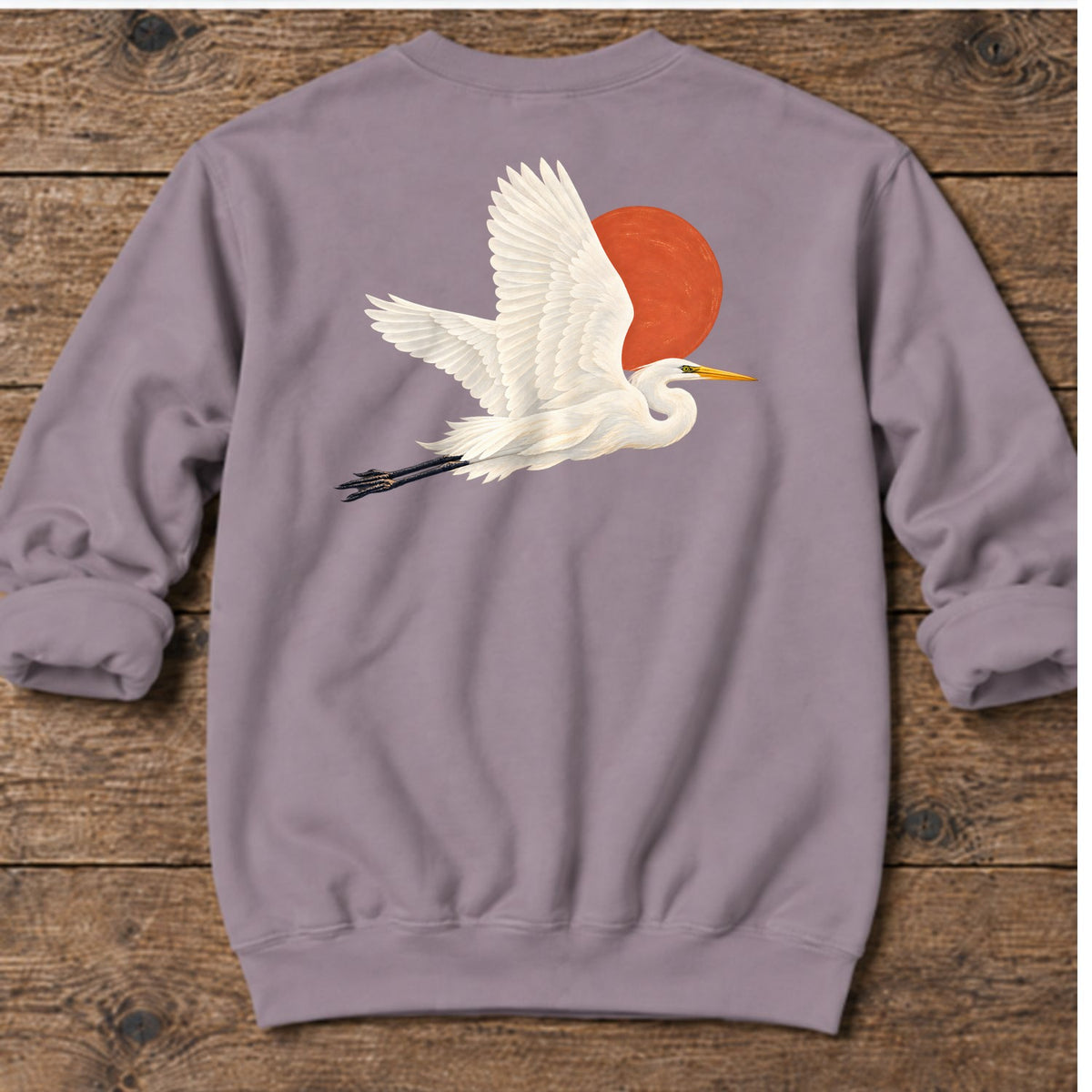Great Egret Red Sun Back Design Midweight Sweatshirt in Paragon, Salty Paws coastal sweatshirt