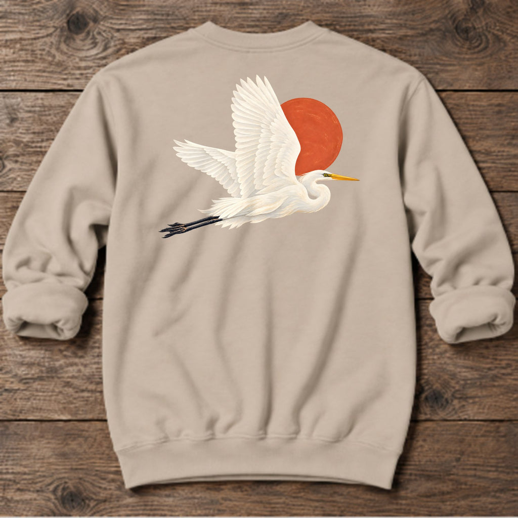 Great Egret Red Sun Back Design Midweight Sweatshirt in Sand, Salty Paws coastal sweatshirt