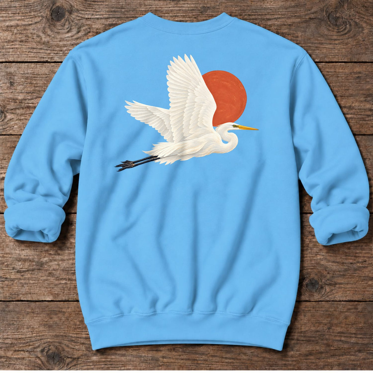 Great Egret Red Sun Back Design Midweight Sweatshirt in Sky, Salty Paws coastal sweatshirt