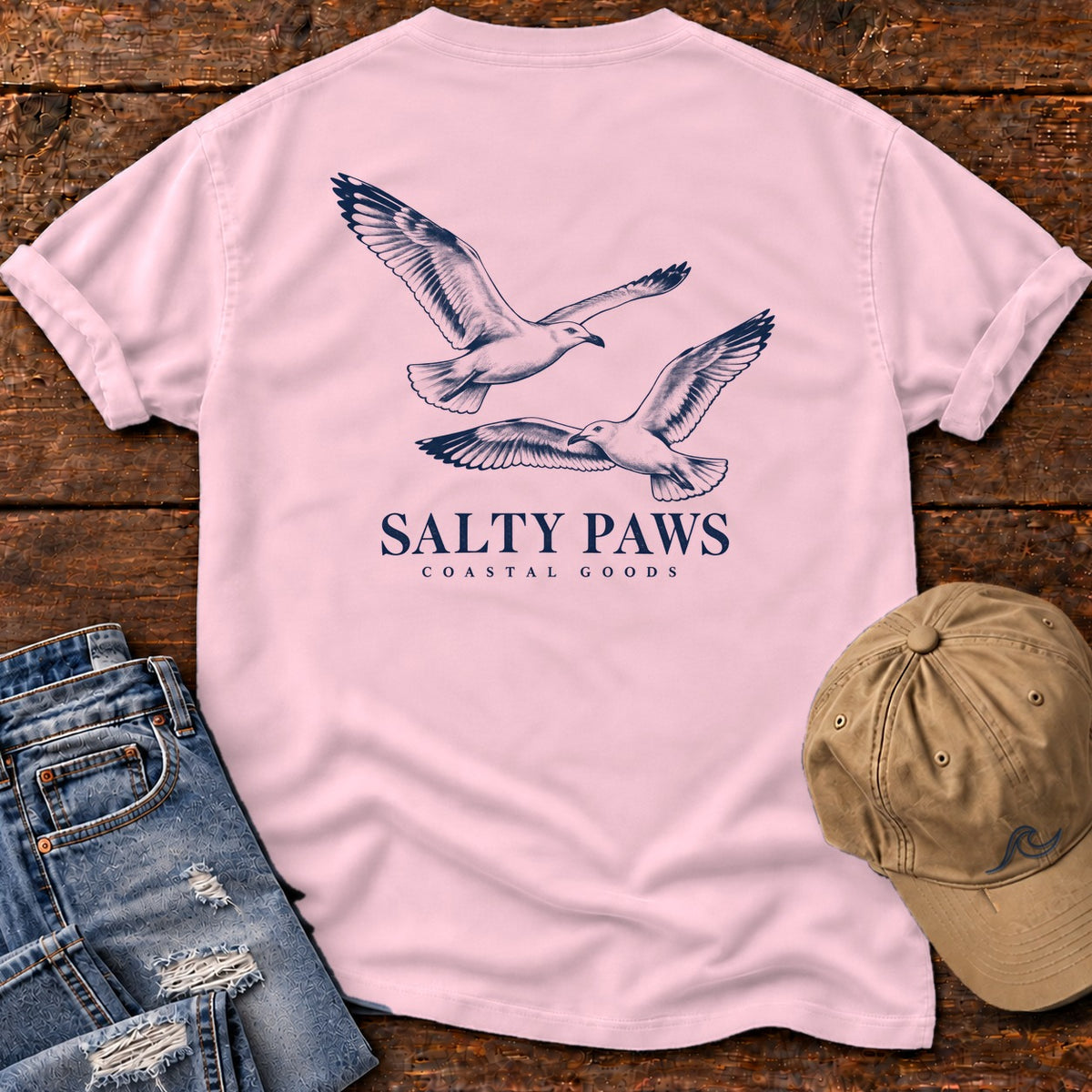 Gull Flight Coastal Goods Back Design T-Shirt in Blossom, Salty Paws Comfort Colors T-Shirt, back design flat lay