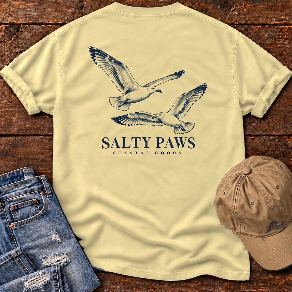 Gull Flight Coastal Goods Back Design T-Shirt in Butter, Salty Paws Comfort Colors T-Shirt, back design flat lay