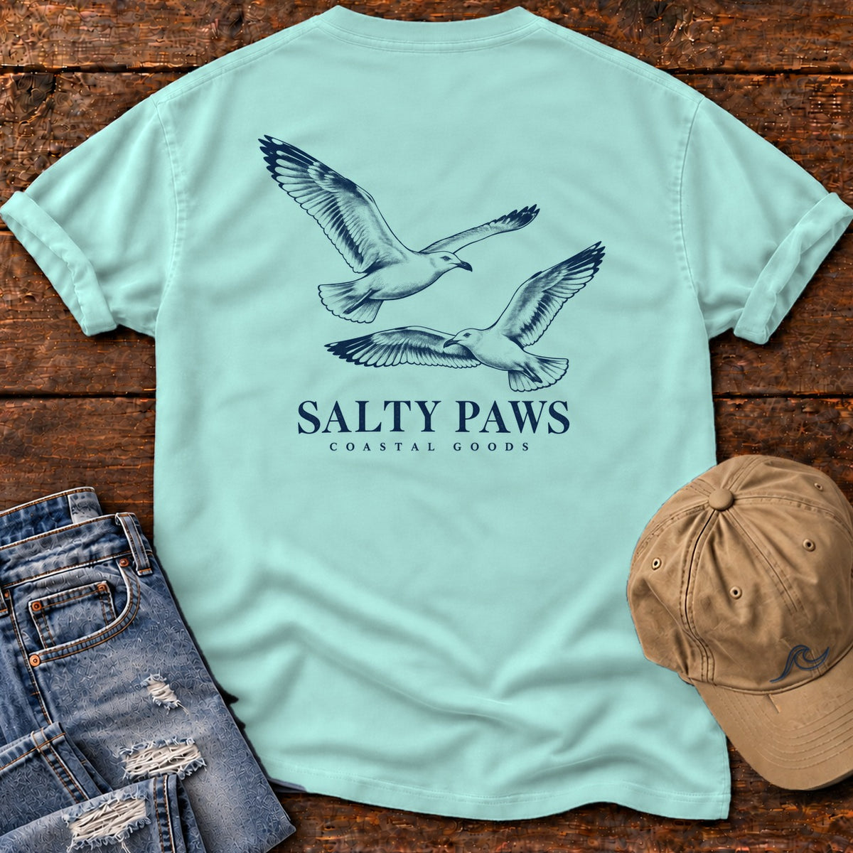 Gull Flight Coastal Goods Back Design T-Shirt in Chalky Mint, Salty Paws Comfort Colors T-Shirt, back design flat lay