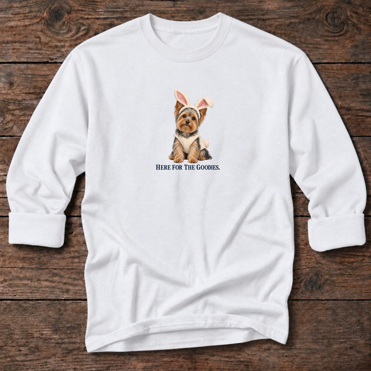 Here for the Goodies Bunny Yorkie Long T-Shirt in White, Salty Paws coastal long sleeve tee