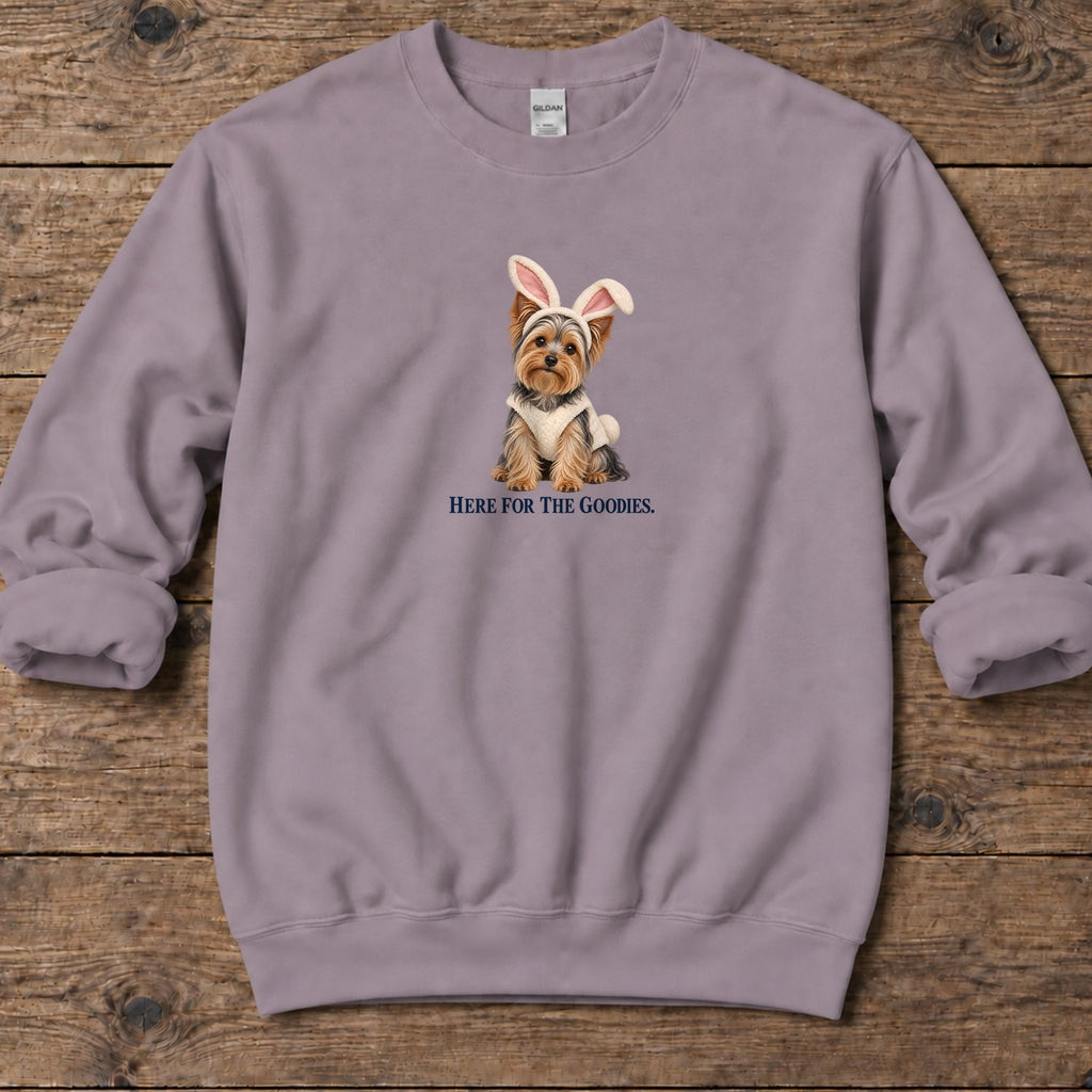 Here for the Goodies Bunny Yorkie Midweight Sweatshirt in Paragon, Salty Paws coastal sweatshirt