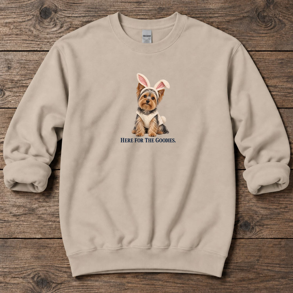 Here for the Goodies Bunny Yorkie Midweight Sweatshirt in Sand, Salty Paws coastal sweatshirt