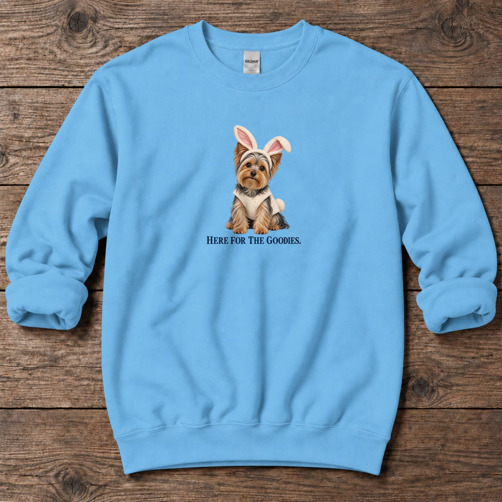 Here for the Goodies Bunny Yorkie Midweight Sweatshirt in Sky, Salty Paws coastal sweatshirt