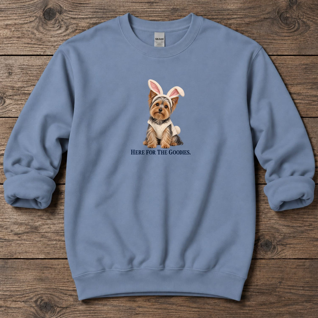 Here for the Goodies Bunny Yorkie Midweight Sweatshirt in Stone Blue, Salty Paws coastal sweatshirt