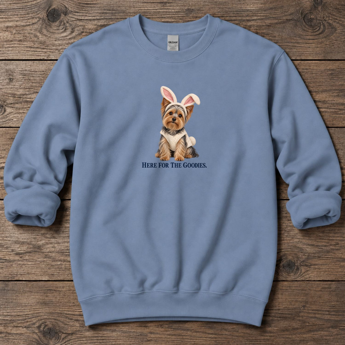 Here for the Goodies Bunny Yorkie Midweight Sweatshirt in Stone Blue, Salty Paws coastal sweatshirt