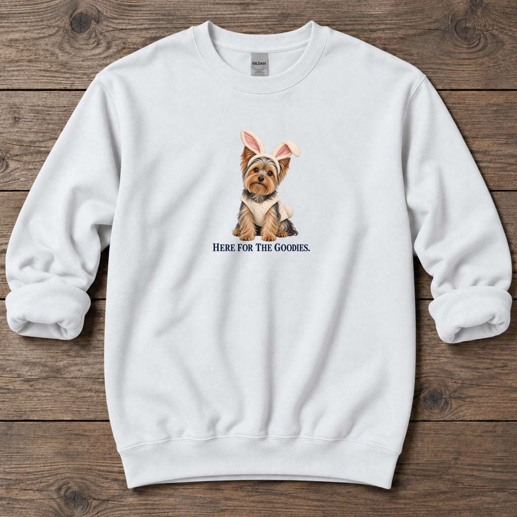 Here for the Goodies Bunny Yorkie Midweight Sweatshirt in White, Salty Paws coastal sweatshirt