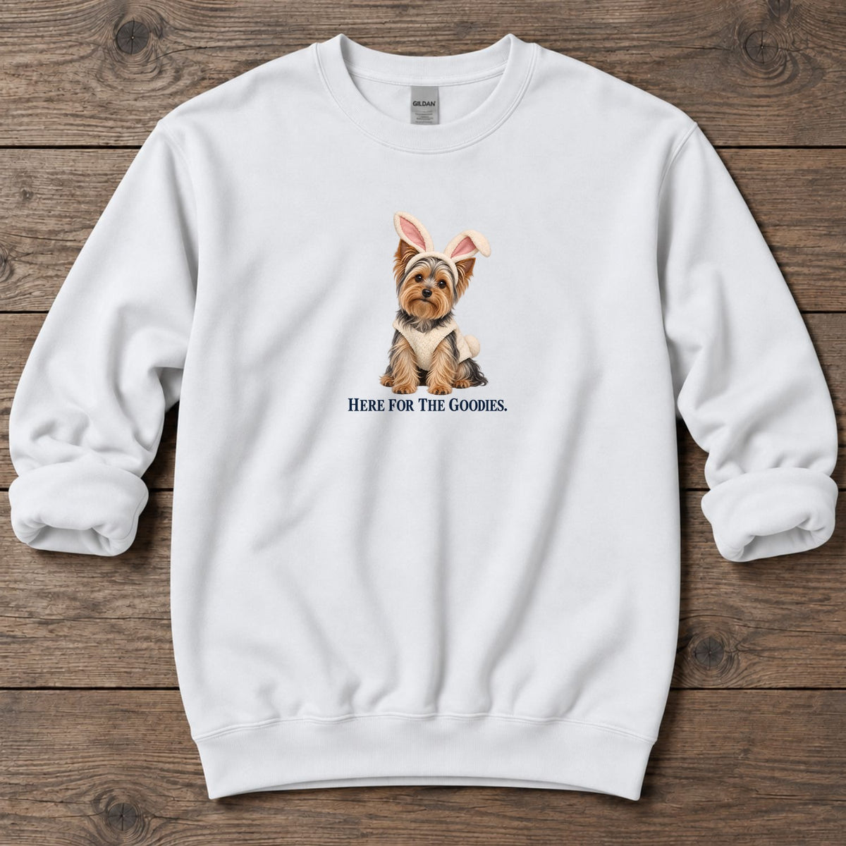 Here for the Goodies Bunny Yorkie Midweight Sweatshirt in White, Salty Paws coastal sweatshirt