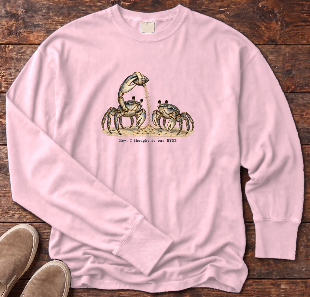 Hey, I Thought It Was BYOB Crabs Long Sleeve Tee Comfort Colors in Blossom, Salty Paws Comfort Colors Long Sleeve Tee, front design flat lay
