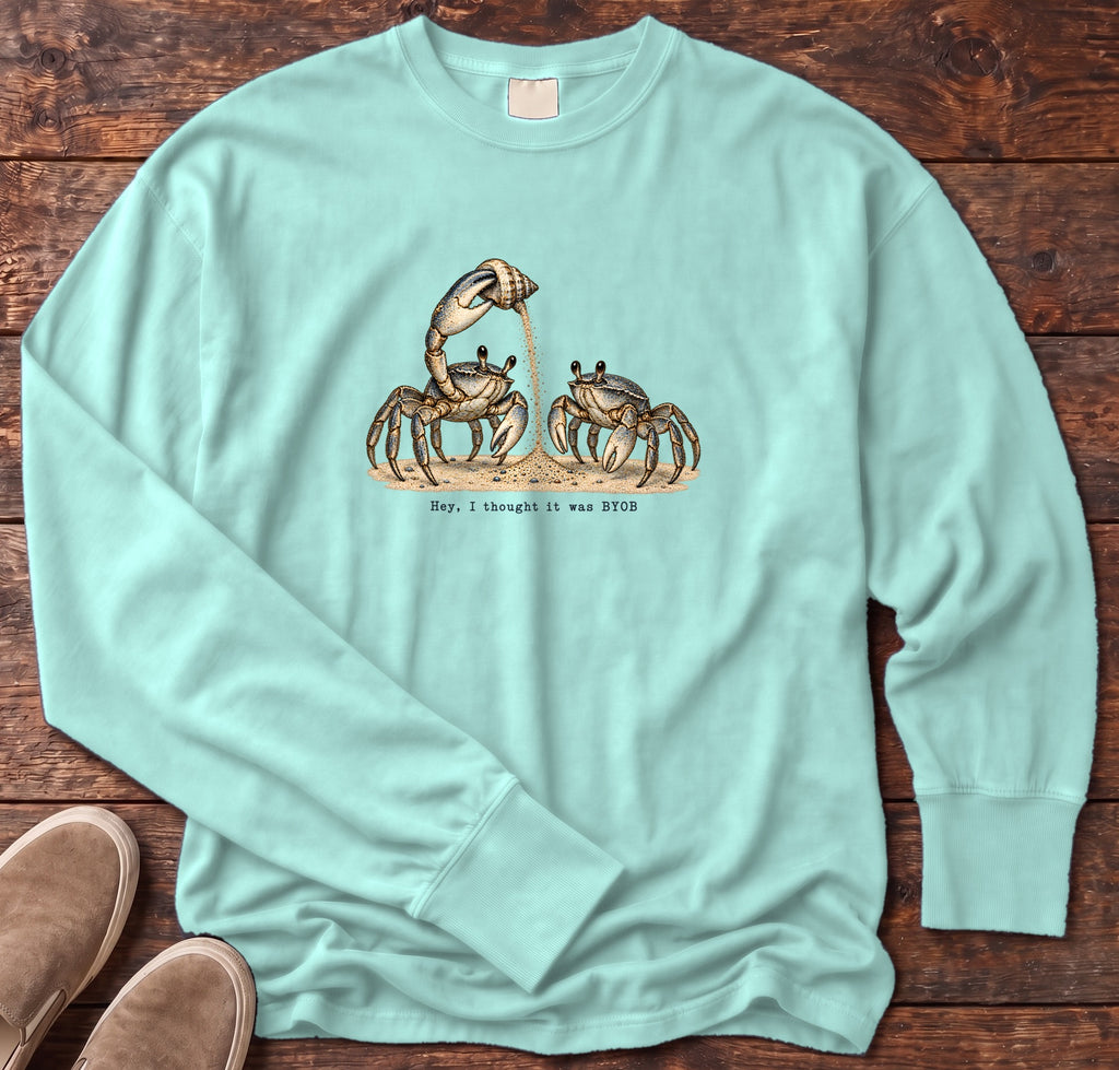 Hey, I Thought It Was BYOB Crabs Long Sleeve Tee Comfort Colors in Chalky Mint, Salty Paws Comfort Colors Long Sleeve Tee, front design flat lay