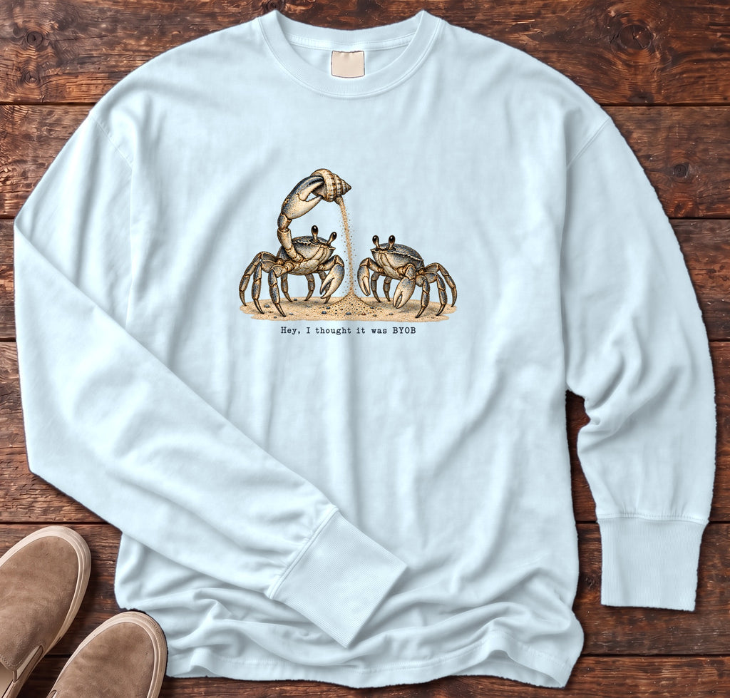 Hey, I Thought It Was BYOB Crabs Long Sleeve Tee Comfort Colors in Chambray, Salty Paws Comfort Colors Long Sleeve Tee, front design flat lay