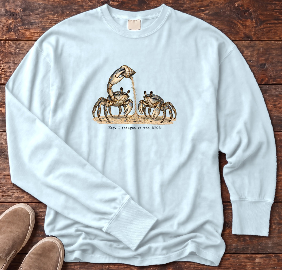 Hey, I Thought It Was BYOB Crabs Long Sleeve Tee Comfort Colors in Chambray, Salty Paws Comfort Colors Long Sleeve Tee, front design flat lay