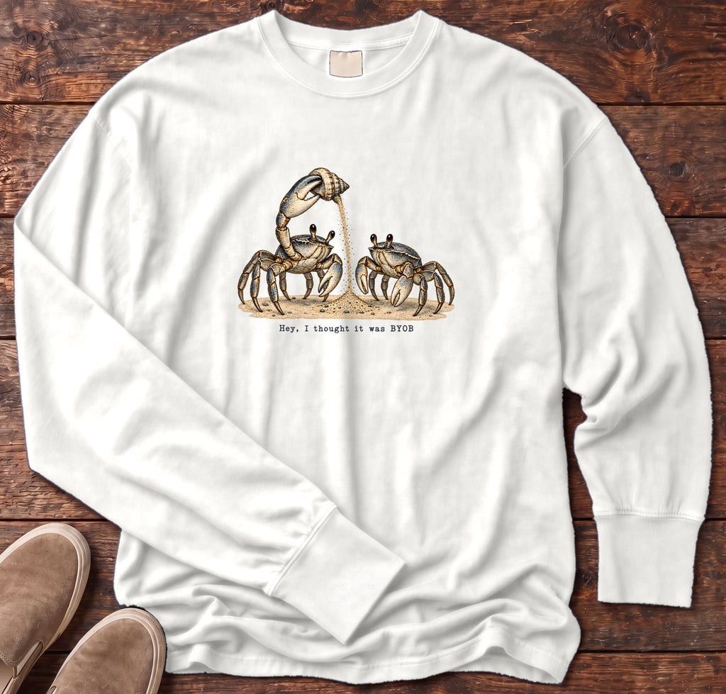 Hey, I Thought It Was BYOB Crabs Long Sleeve Tee Comfort Colors in White, Salty Paws Comfort Colors Long Sleeve Tee, front design flat lay