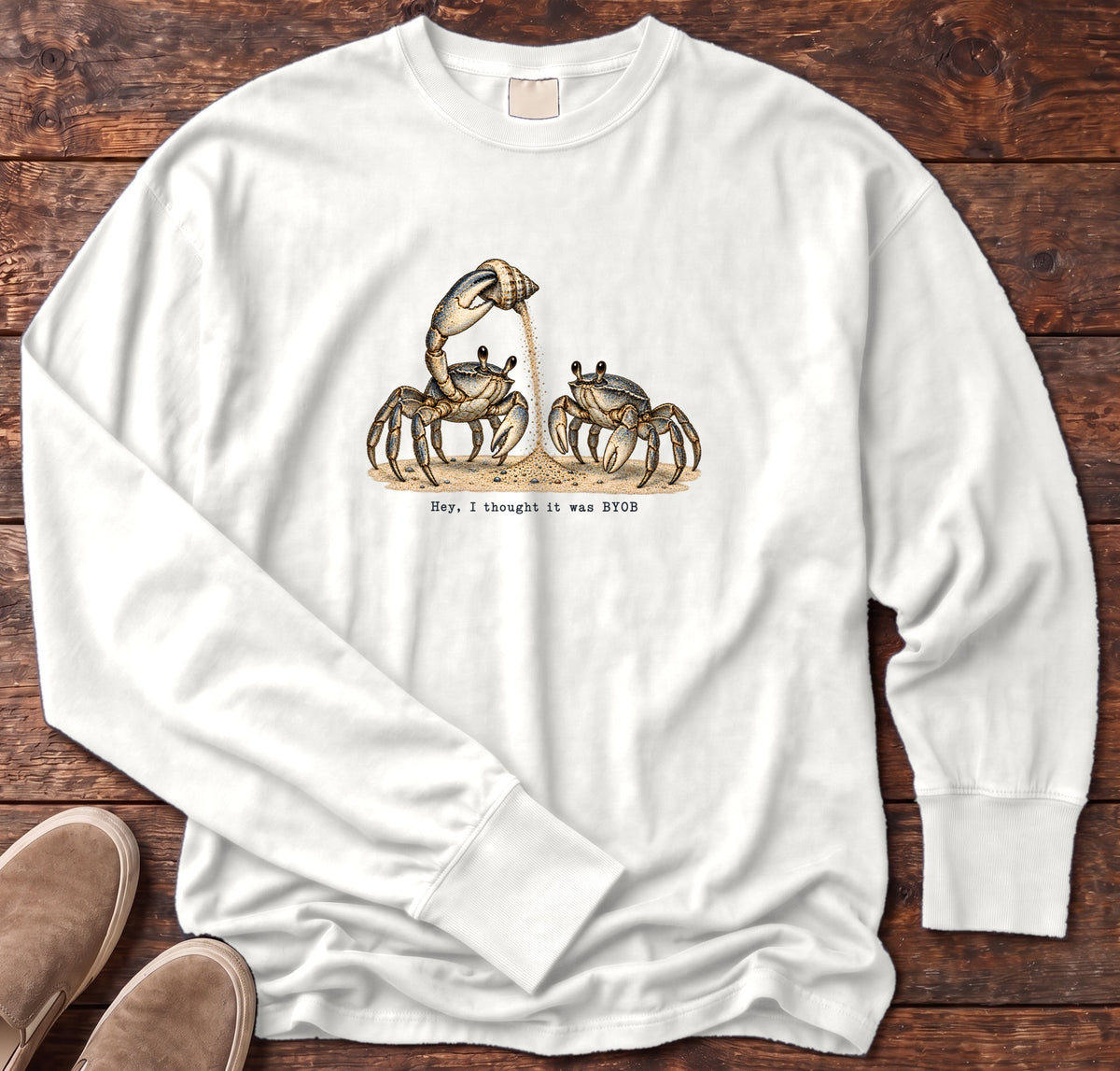 Hey, I Thought It Was BYOB Crabs Long Sleeve Tee Comfort Colors in White, Salty Paws Comfort Colors Long Sleeve Tee, front design flat lay