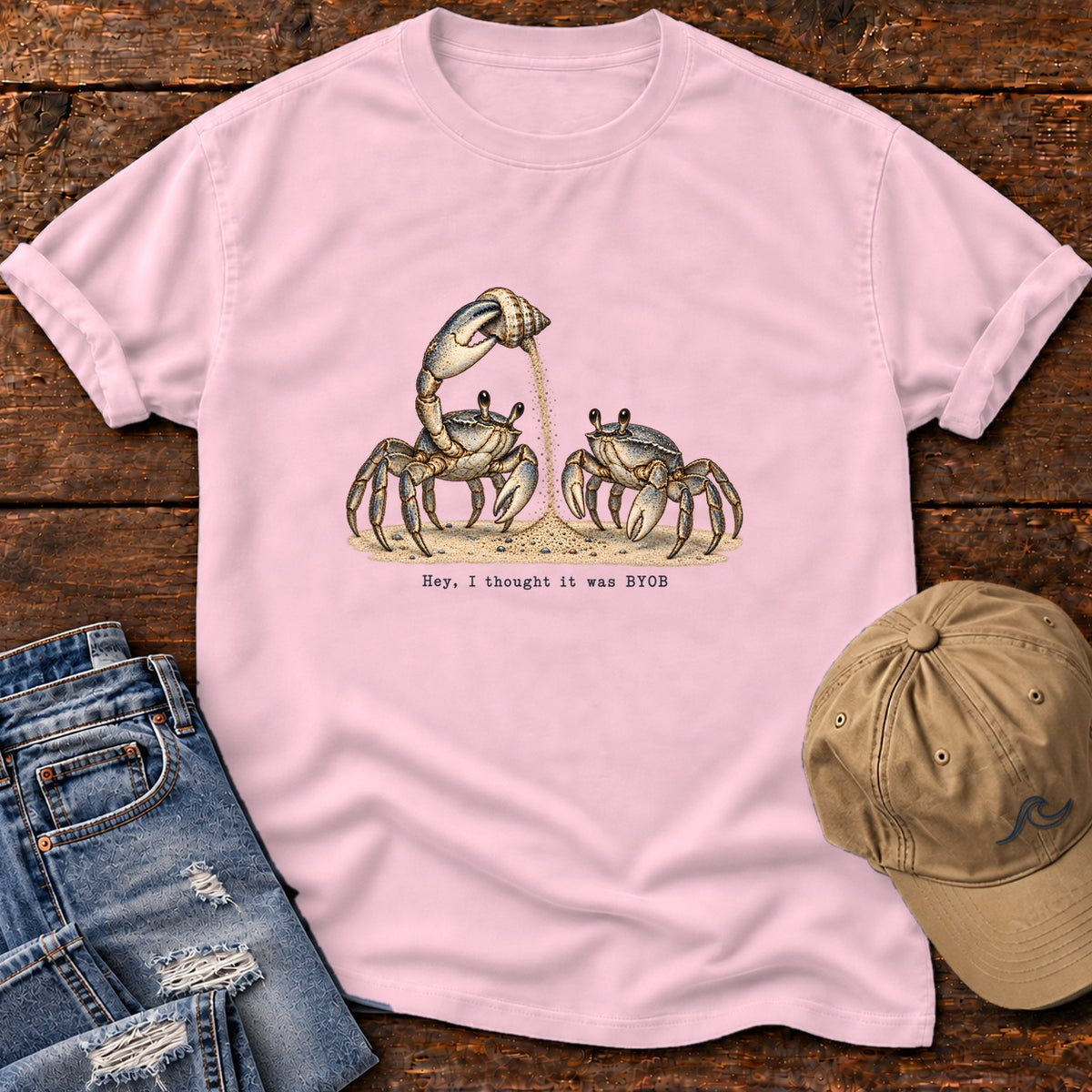 Hey, I Thought It Was BYOB Crabs T-Shirt Comfort Colors in Blossom, Salty Paws Comfort Colors T-Shirt, front design flat lay