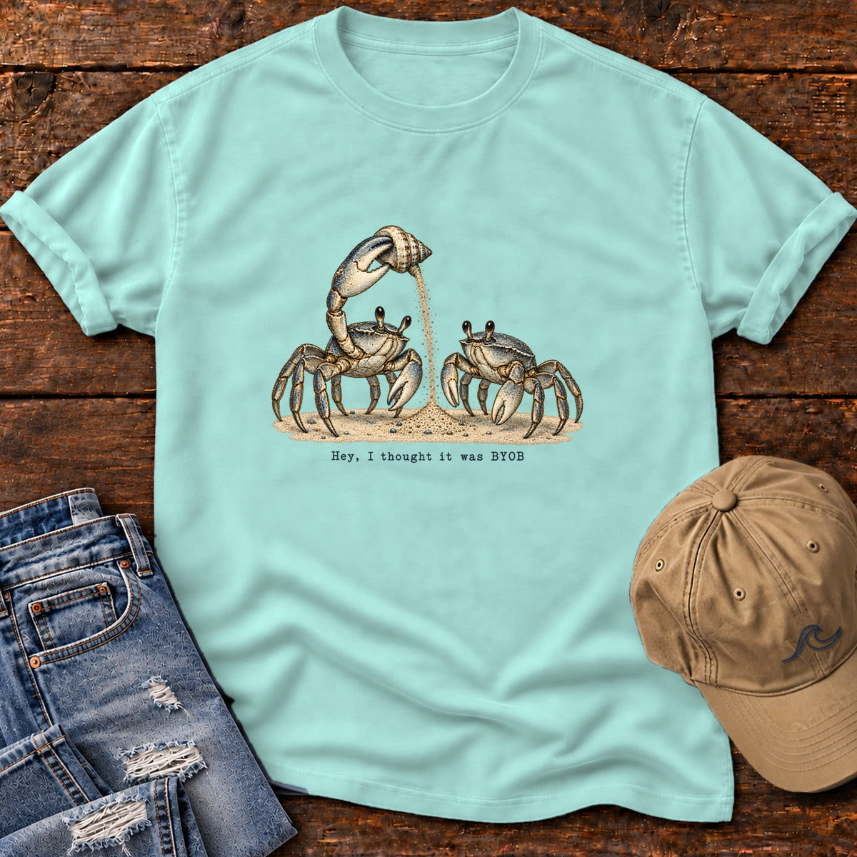 Hey, I Thought It Was BYOB Crabs T-Shirt Comfort Colors in Chalky Mint, Salty Paws Comfort Colors T-Shirt, front design flat lay