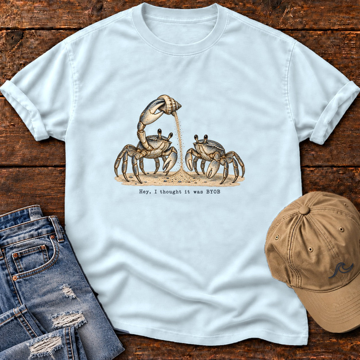 Hey, I Thought It Was BYOB Crabs T-Shirt Comfort Colors in Chambray, Salty Paws Comfort Colors T-Shirt, front design flat lay