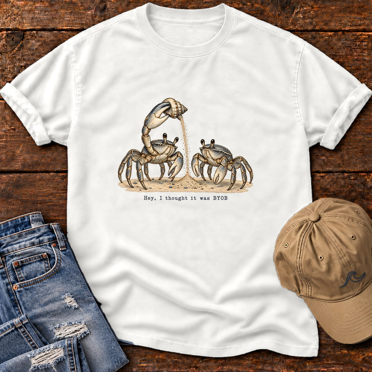 Hey, I Thought It Was BYOB Crabs T-Shirt Comfort Colors in White, Salty Paws Comfort Colors T-Shirt, front design flat lay