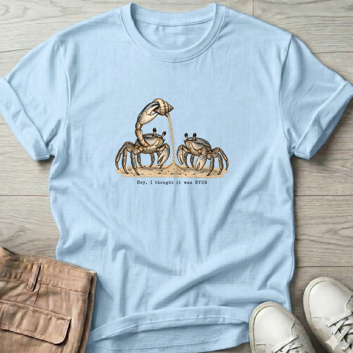 Hey, I Thought It Was BYOB Crabs T-Shirt in Light Blue, Salty Paws Soft Style T-Shirt, front design flat lay