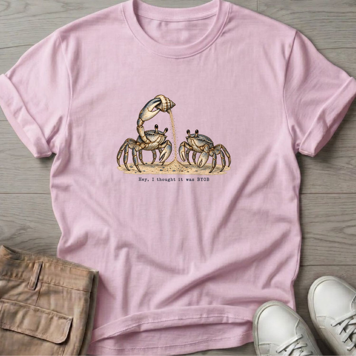 Hey, I Thought It Was BYOB Crabs T-Shirt in Light Pink, Salty Paws Soft Style T-Shirt, front design flat lay