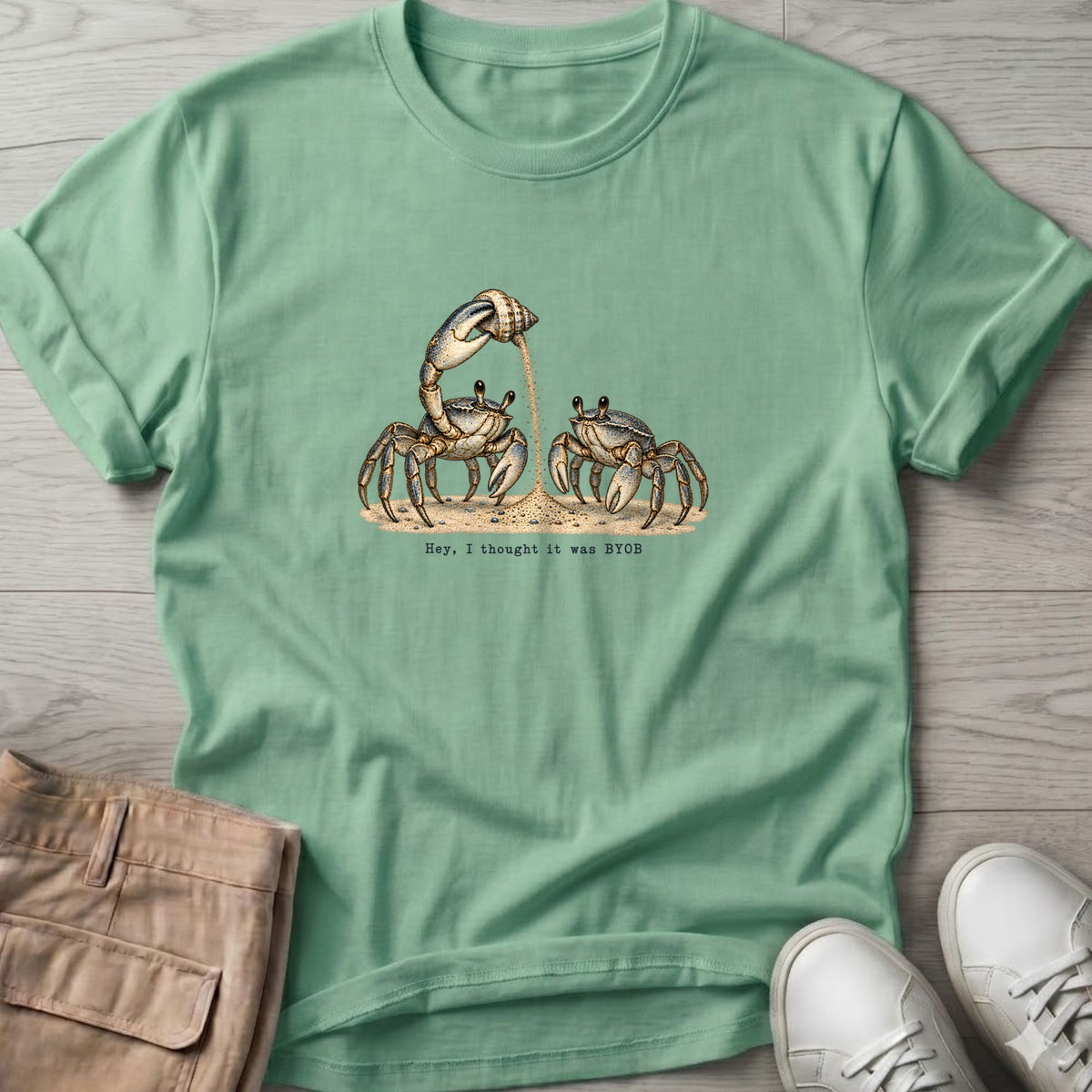 Hey, I Thought It Was BYOB Crabs T-Shirt in Mint Green, Salty Paws Soft Style T-Shirt, front design flat lay