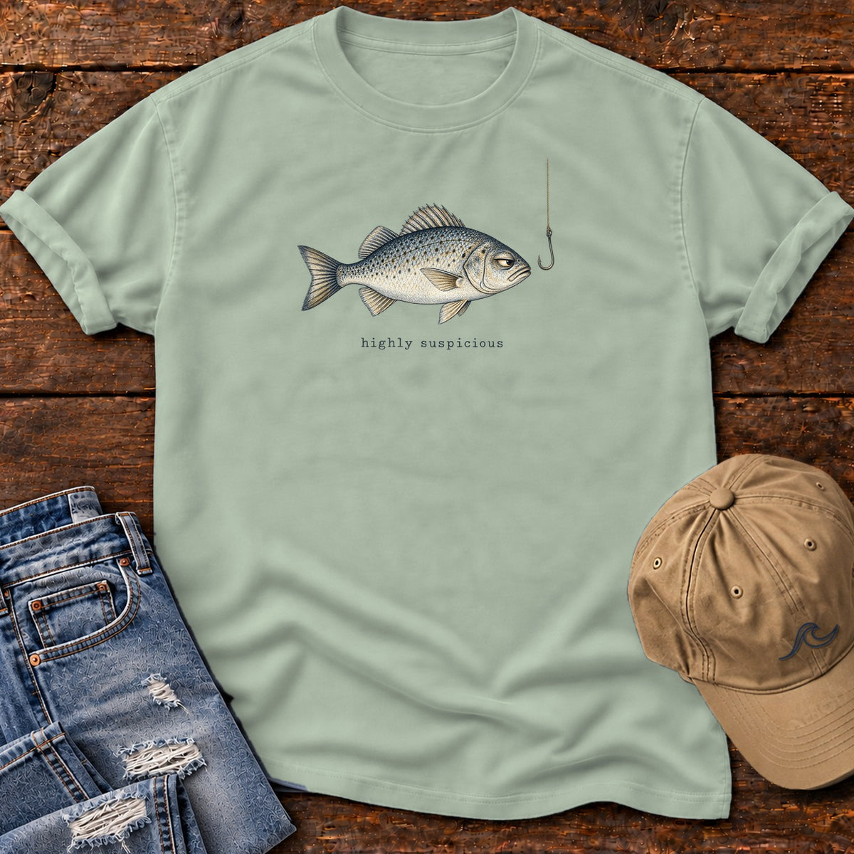 Highly Suspicious Fish T-Shirt in Bay, Salty Paws Comfort Colors T-Shirt, front design flat lay