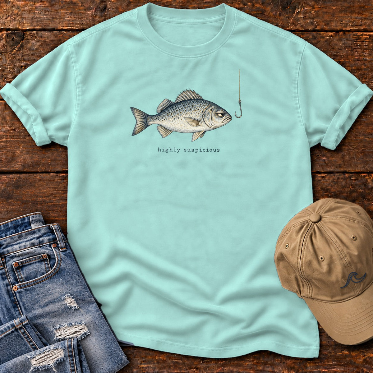Highly Suspicious Fish T-Shirt in Chalky Mint, Salty Paws Comfort Colors T-Shirt, front design flat lay