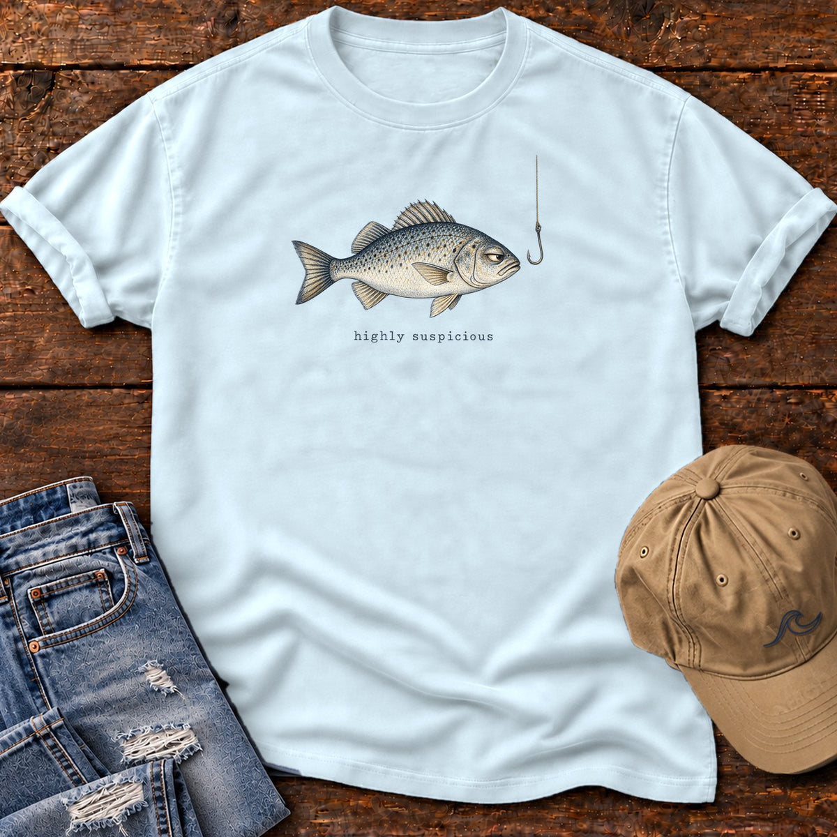 Highly Suspicious Fish T-Shirt in Chambray, Salty Paws Comfort Colors T-Shirt, front design flat lay