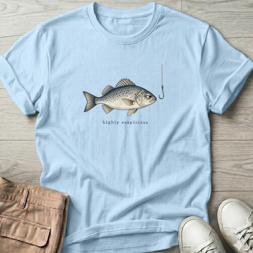 Highly Suspicious Fish T-Shirt in Light Blue, Salty Paws Soft Style T-Shirt, front design flat lay
