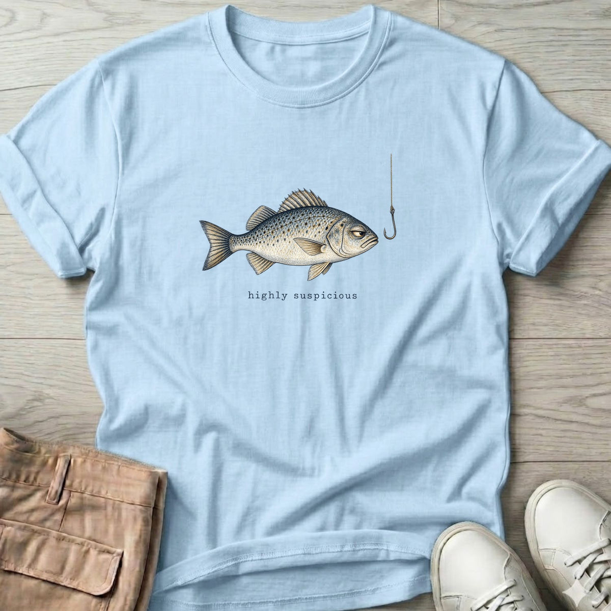 Highly Suspicious Fish T-Shirt in Light Blue, Salty Paws Soft Style T-Shirt, front design flat lay