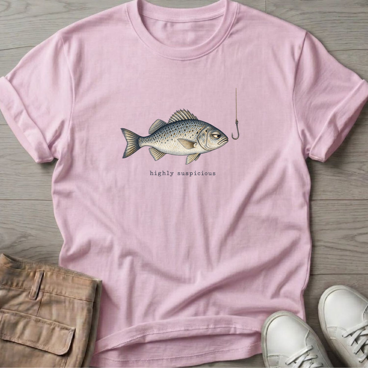 Highly Suspicious Fish T-Shirt in Light Pink, Salty Paws Soft Style T-Shirt, front design flat lay