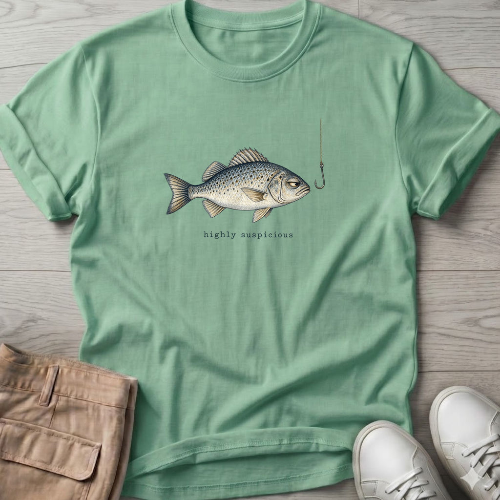 Highly Suspicious Fish T-Shirt in Mint Green, Salty Paws Soft Style T-Shirt, front design flat lay