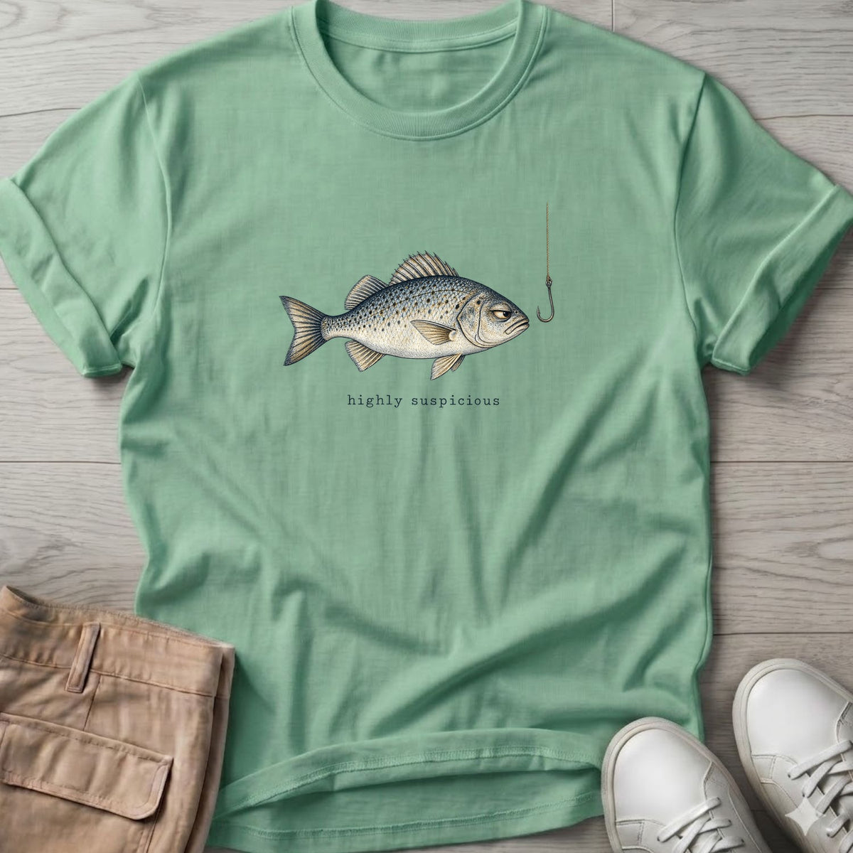 Highly Suspicious Fish T-Shirt in Mint Green, Salty Paws Soft Style T-Shirt, front design flat lay