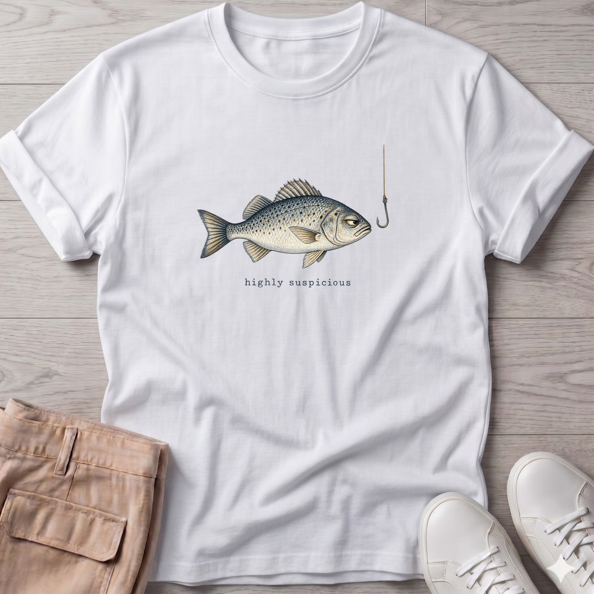 Highly Suspicious Fish T-Shirt in White, Salty Paws Soft Style T-Shirt, front design flat lay