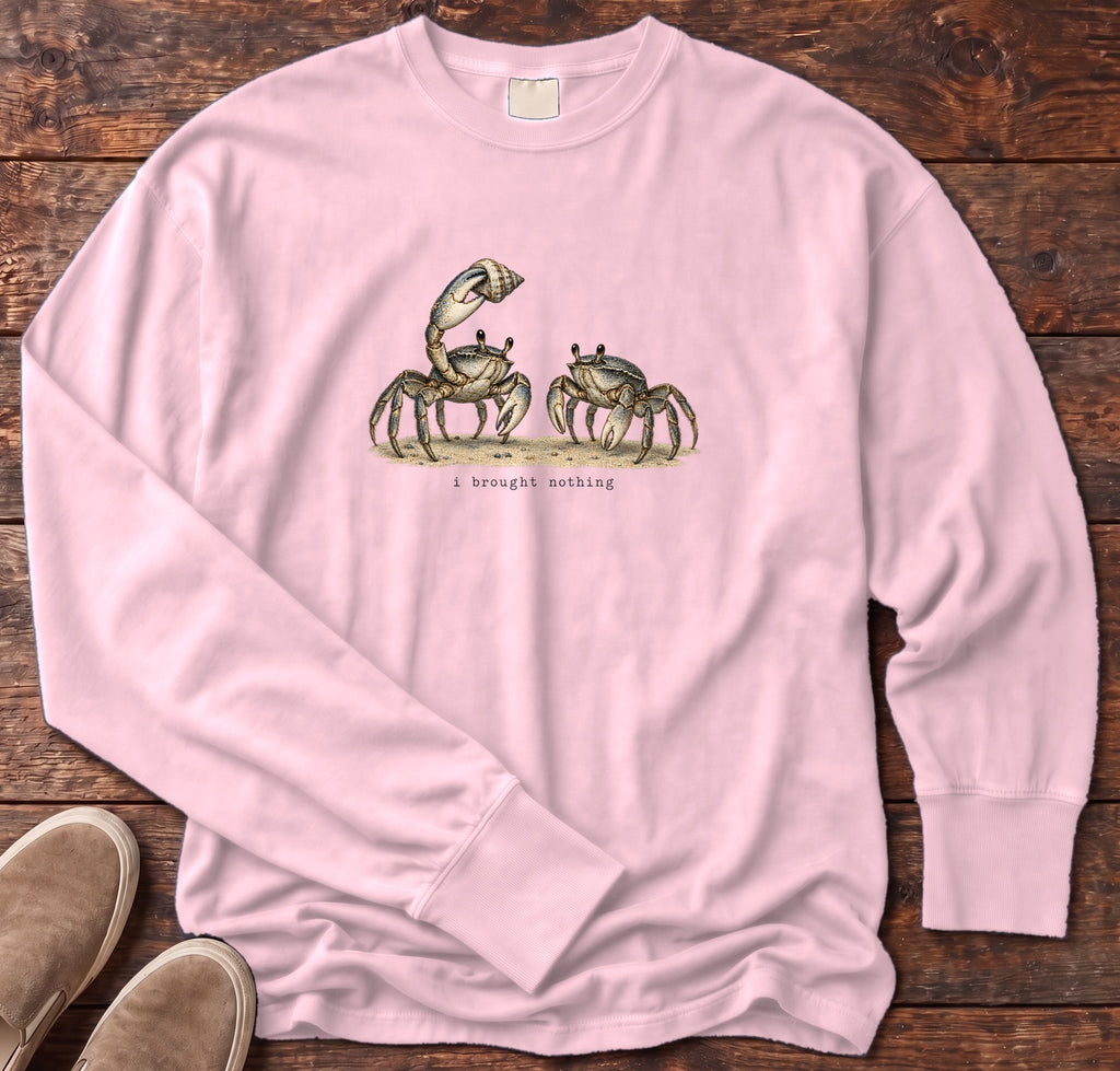 I Brought Nothing Crabs Long Sleeve Tee Comfort Colors in Blossom, Salty Paws Comfort Colors Long Sleeve Tee, front design flat lay