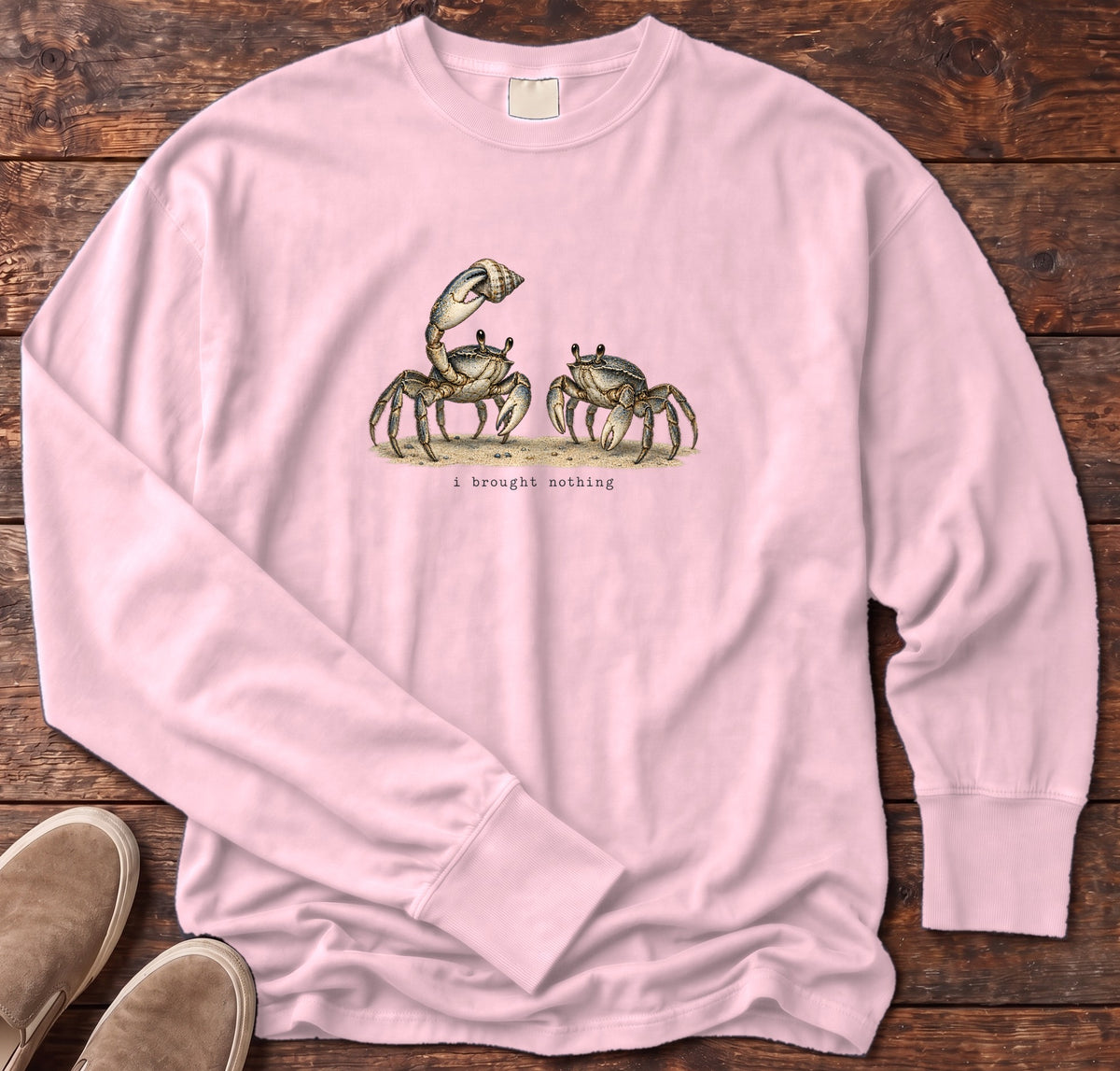I Brought Nothing Crabs Long Sleeve Tee Comfort Colors in Blossom, Salty Paws Comfort Colors Long Sleeve Tee, front design flat lay