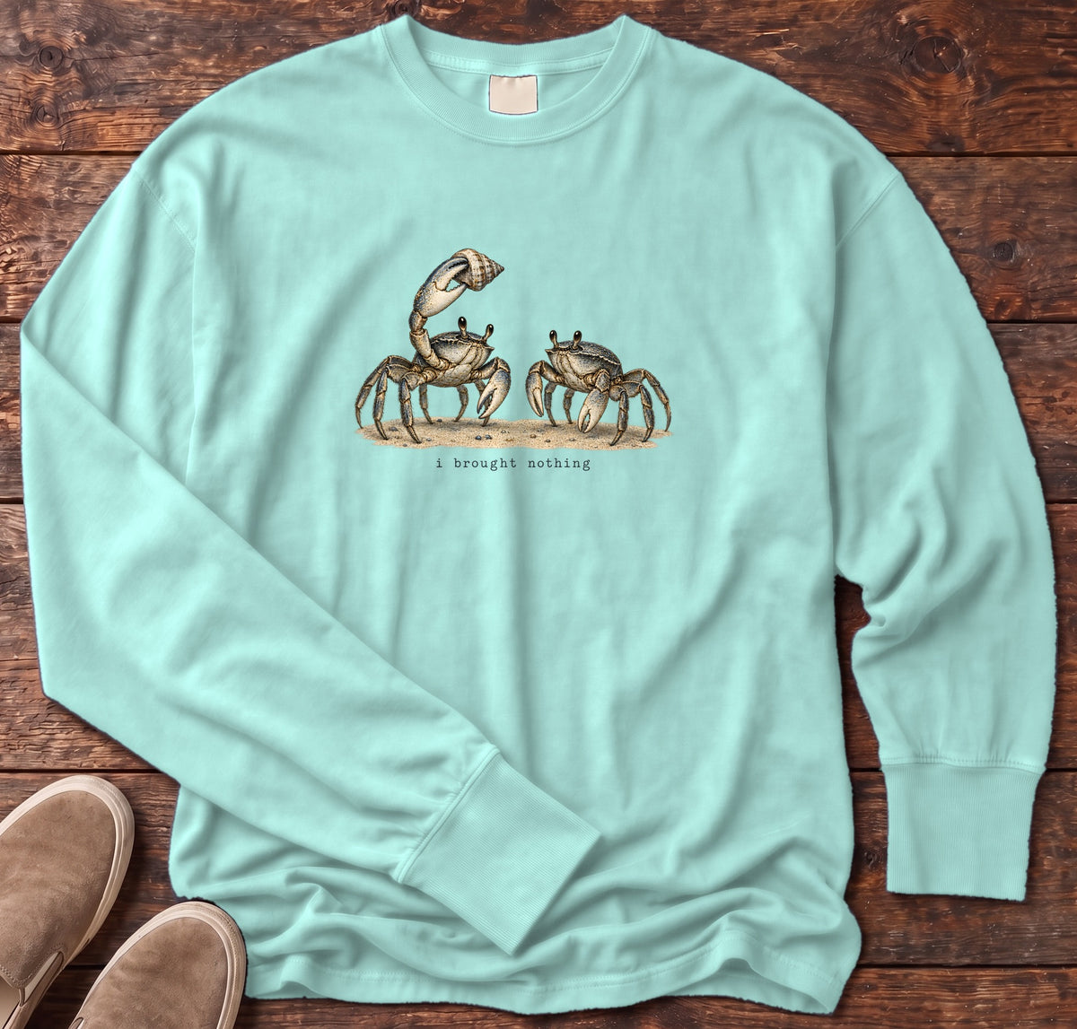 I Brought Nothing Crabs Long Sleeve Tee Comfort Colors in Chalky Mint, Salty Paws Comfort Colors Long Sleeve Tee, front design flat lay