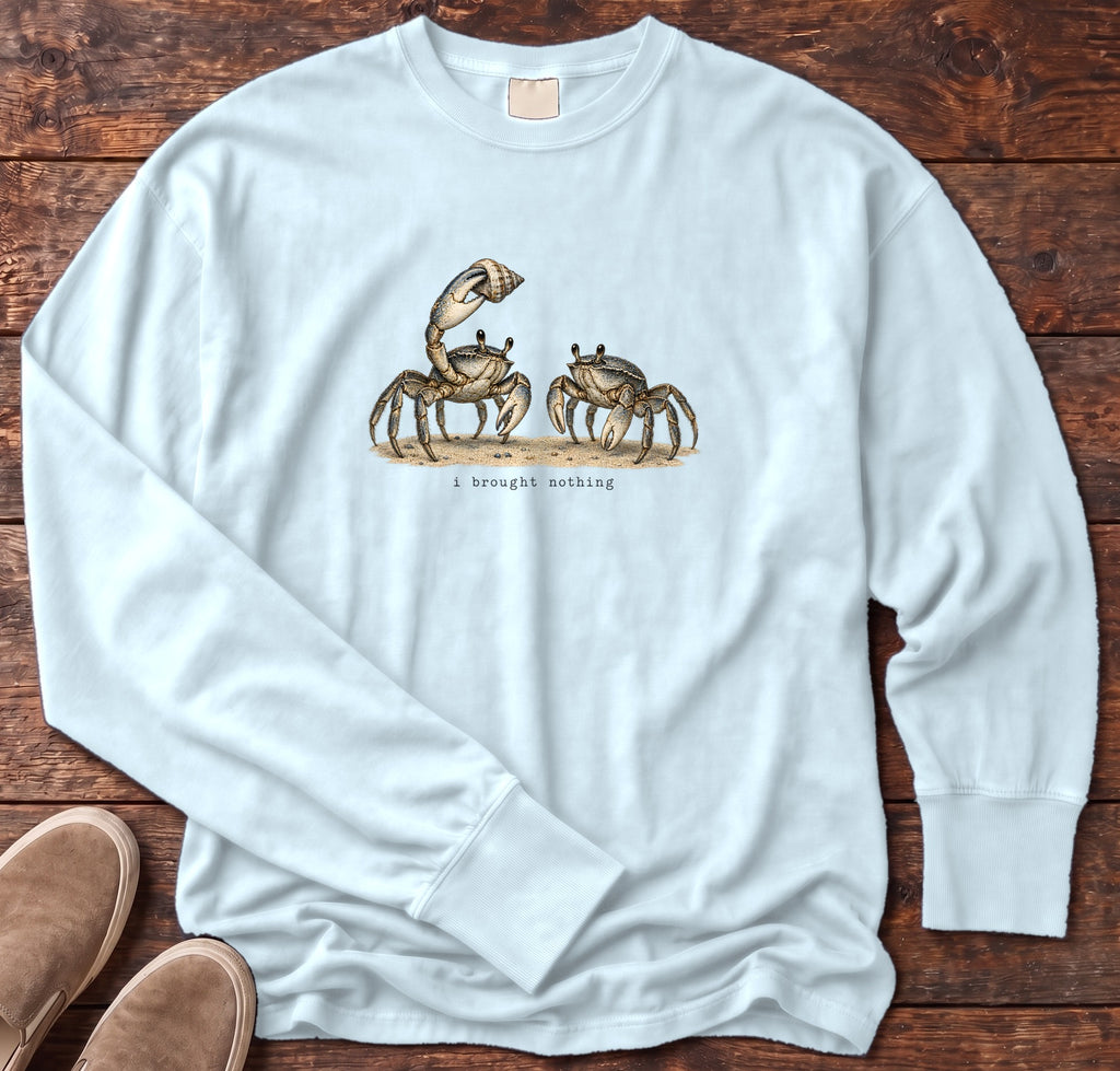 I Brought Nothing Crabs Long Sleeve Tee Comfort Colors in Chambray, Salty Paws Comfort Colors Long Sleeve Tee, front design flat lay
