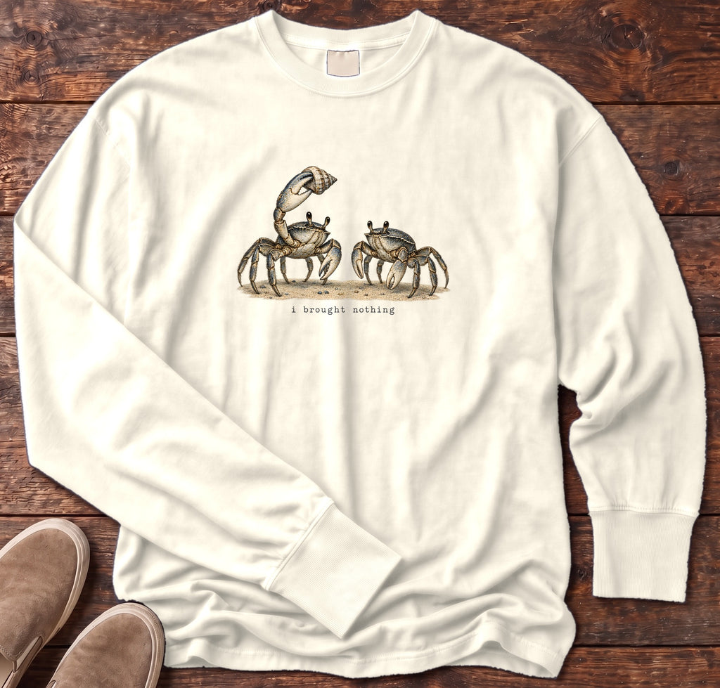 I Brought Nothing Crabs Long Sleeve Tee Comfort Colors in Ivory, Salty Paws Comfort Colors Long Sleeve Tee, front design flat lay