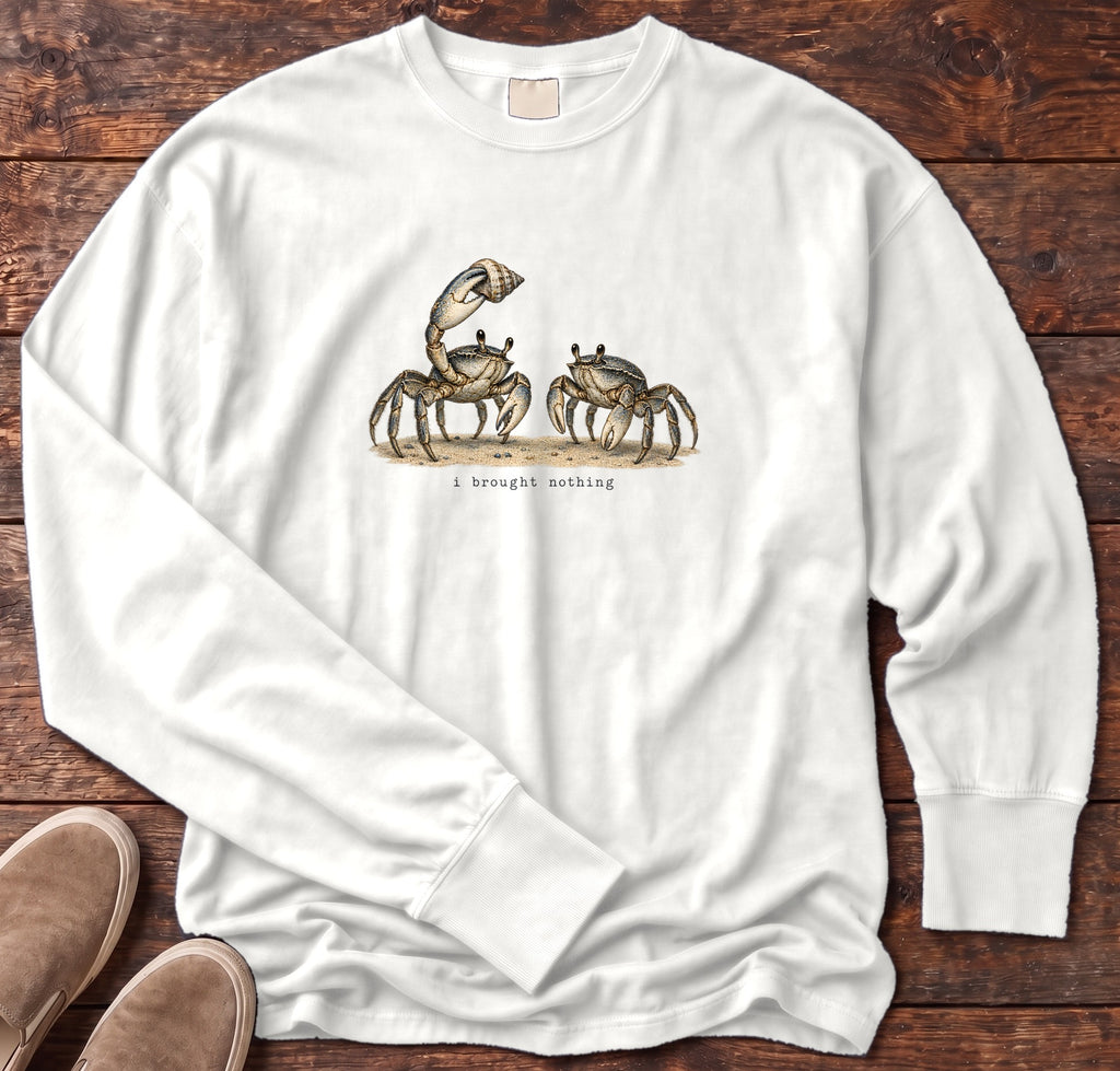I Brought Nothing Crabs Long Sleeve Tee Comfort Colors in White, Salty Paws Comfort Colors Long Sleeve Tee, front design flat lay