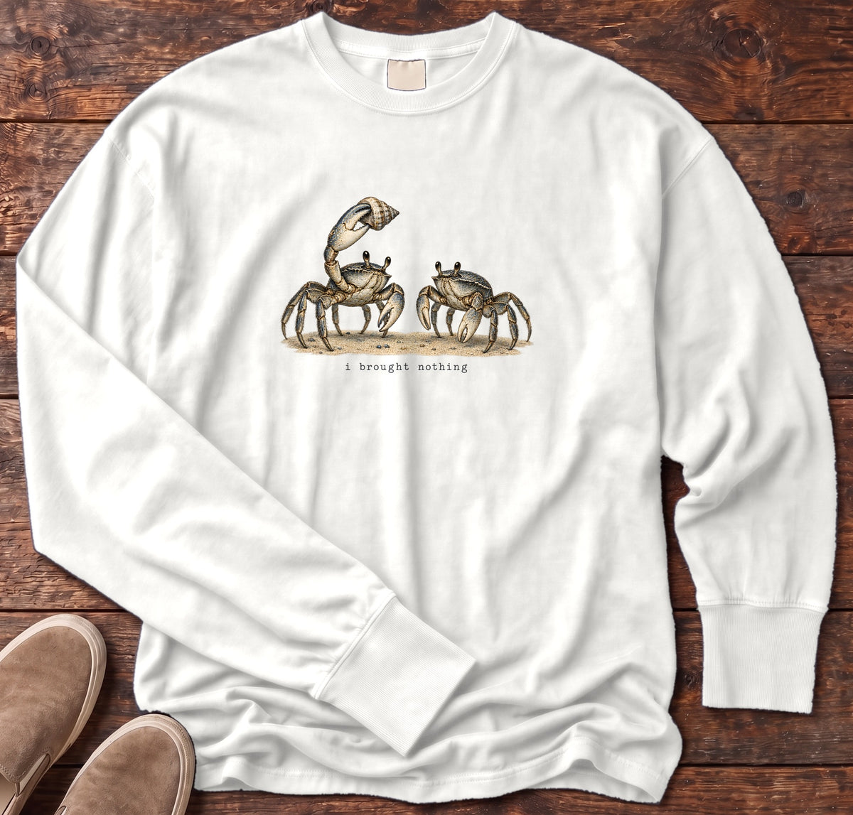 I Brought Nothing Crabs Long Sleeve Tee Comfort Colors in White, Salty Paws Comfort Colors Long Sleeve Tee, front design flat lay
