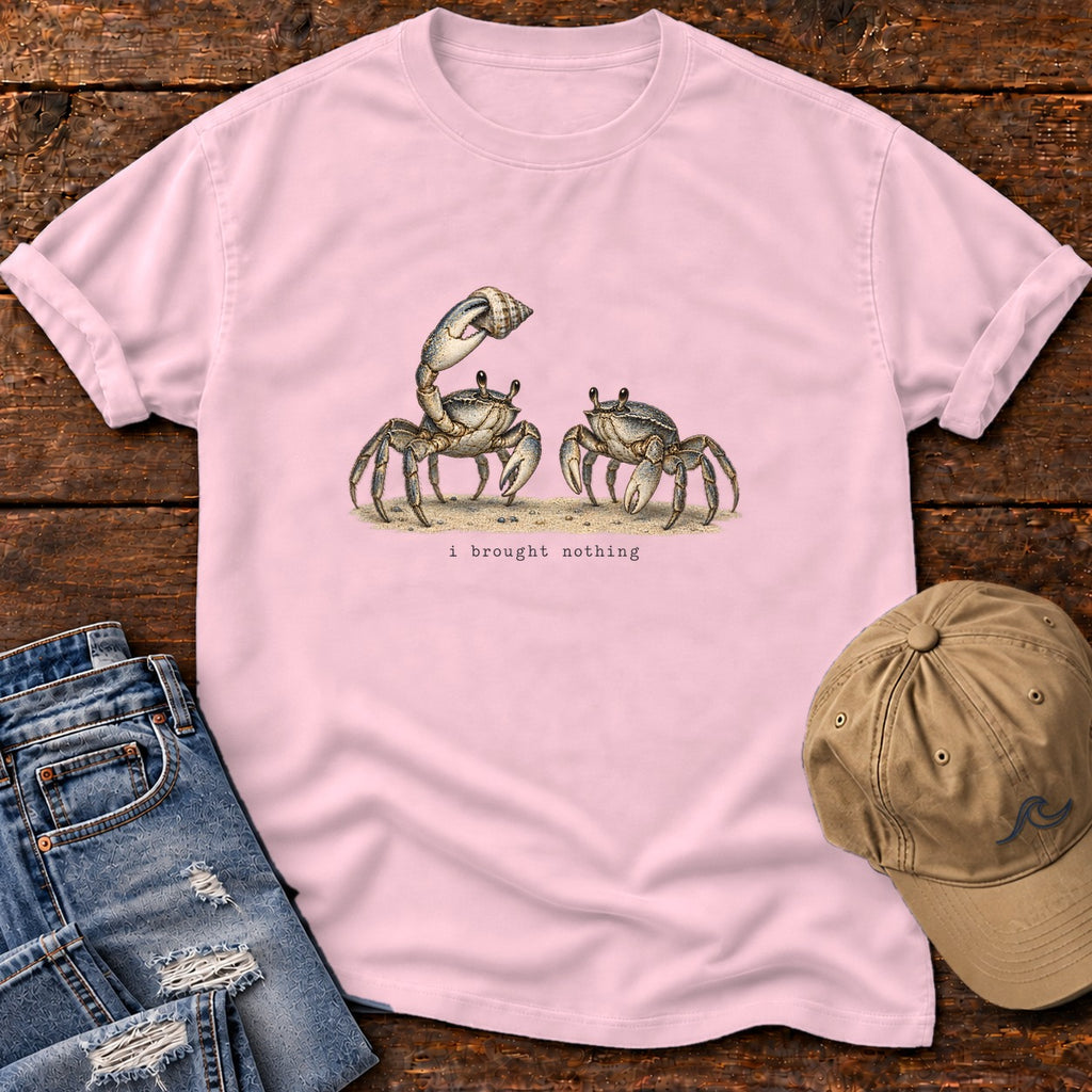 I Brought Nothing Crabs T-Shirt Comfort Colors in Blossom, Salty Paws Comfort Colors T-Shirt, front design flat lay