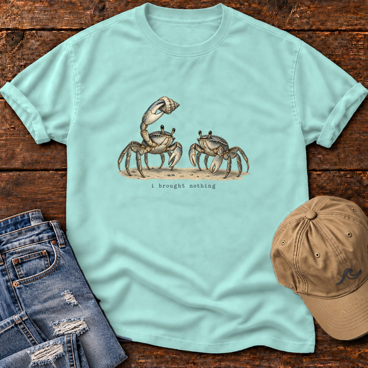 I Brought Nothing Crabs T-Shirt Comfort Colors in Chalky Mint, Salty Paws Comfort Colors T-Shirt, front design flat lay
