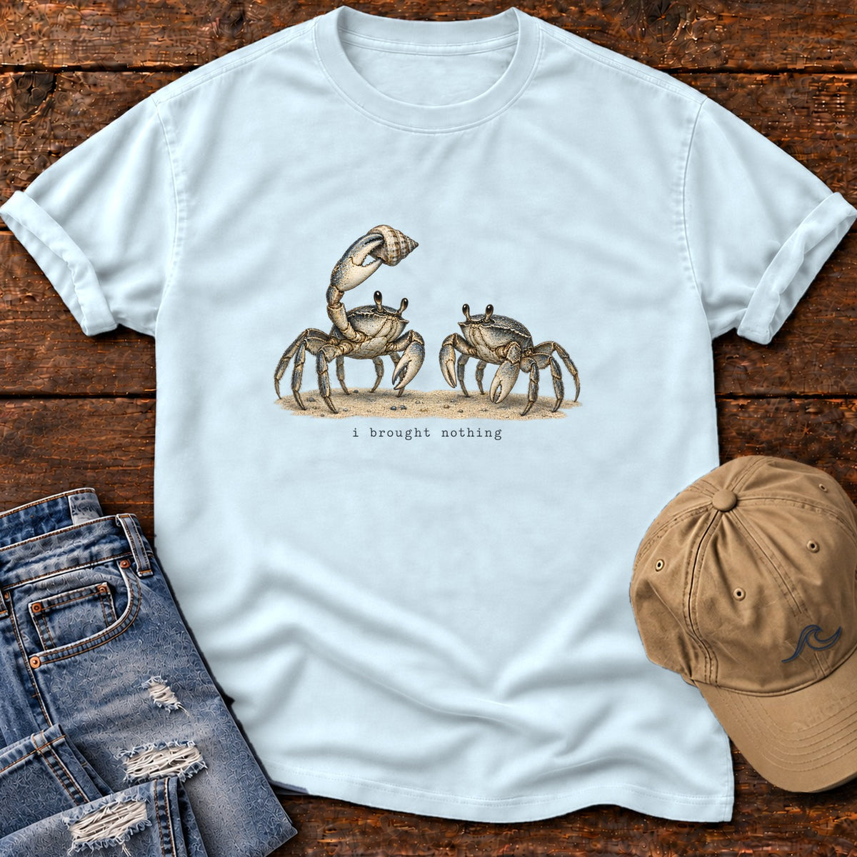I Brought Nothing Crabs T-Shirt Comfort Colors in Chambray, Salty Paws Comfort Colors T-Shirt, front design flat lay