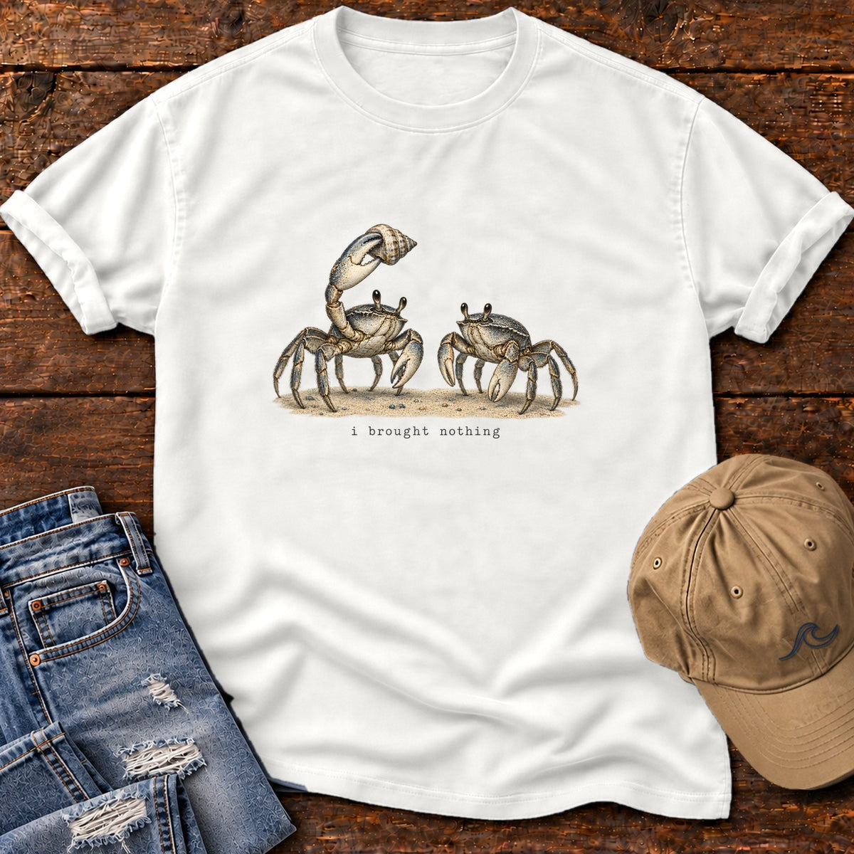 I Brought Nothing Crabs T-Shirt Comfort Colors in White, Salty Paws Comfort Colors T-Shirt, front design flat lay