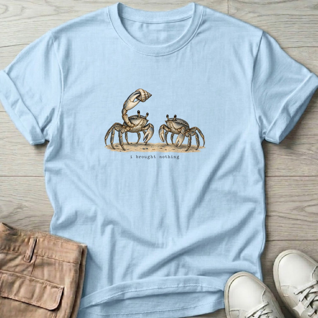 I Brought Nothing Crabs T-Shirt in Light Blue, Salty Paws Soft Style T-Shirt, front design flat lay