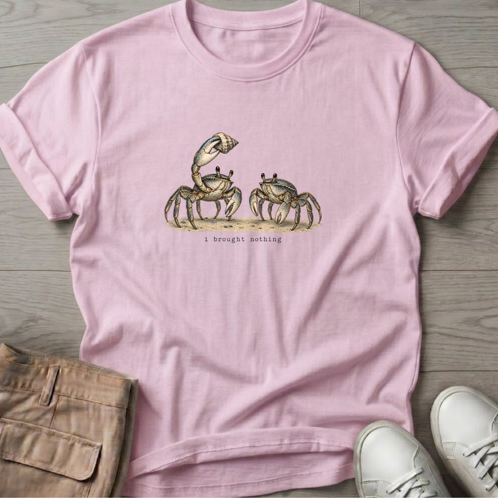I Brought Nothing Crabs T-Shirt in Light Pink, Salty Paws Soft Style T-Shirt, front design flat lay