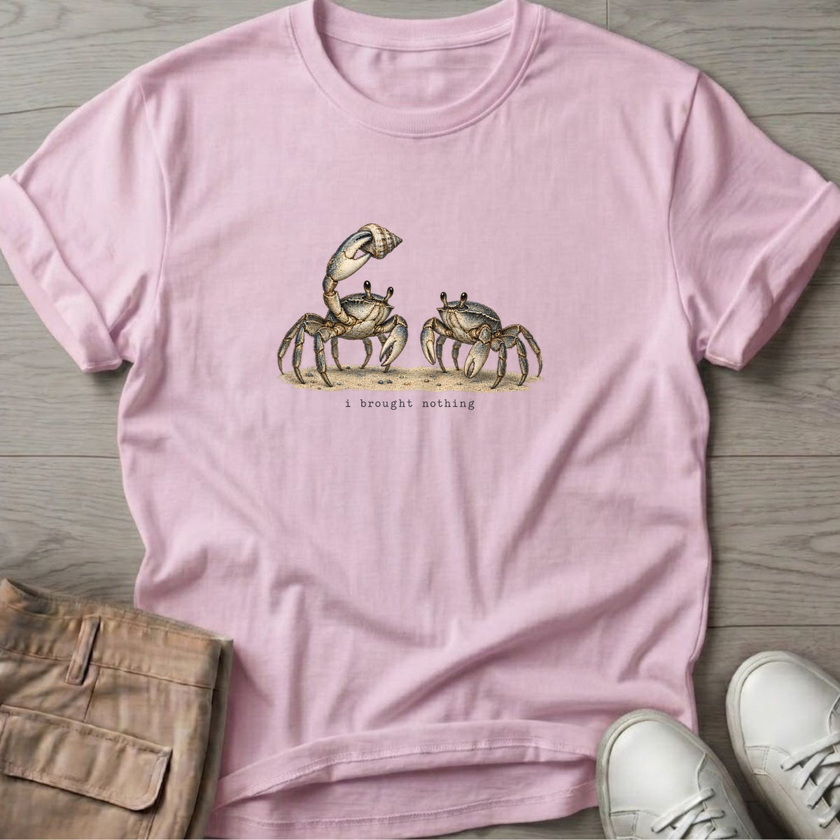 I Brought Nothing Crabs T-Shirt in Light Pink, Salty Paws Soft Style T-Shirt, front design flat lay